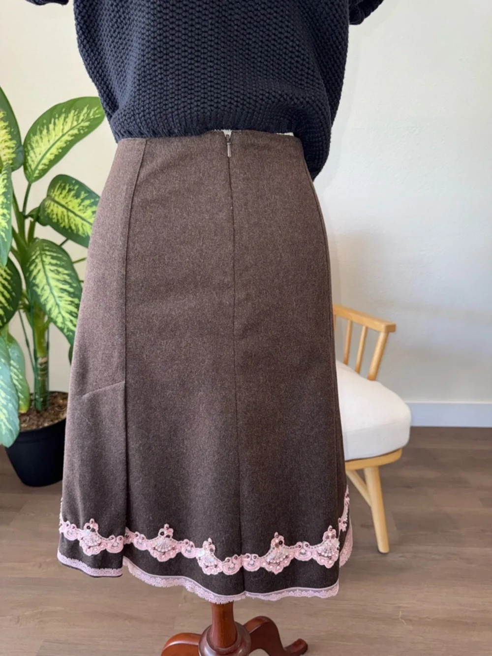 Express Brown A-Line KneeY2K Cottagecore Wool Blend Pink Sequin Lace Hem Skirt 6